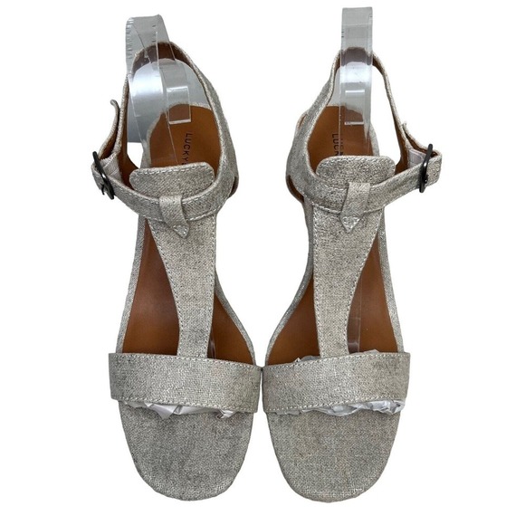Lucky Brand Millinda Wedge Sandals T Strap Slingback Metallic Beige Women 11M* - Picture 5 of 8